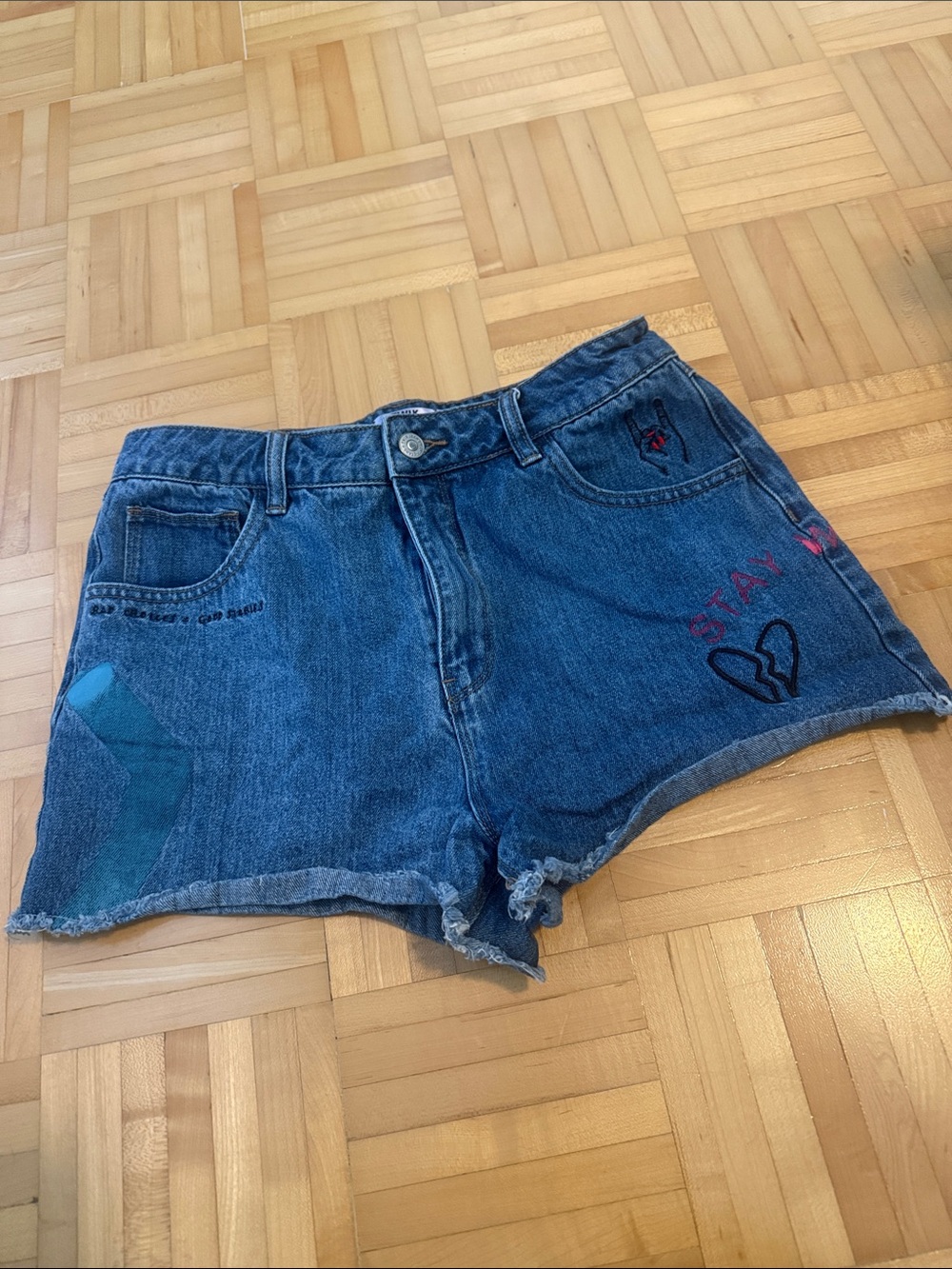 twik Blue Denim High-Rise Jean Shorts with Heart Embroidery